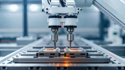 High-tech robotic arms assembling electronic components in a modern manufacturing facility.