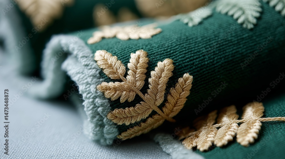 Aufkleber vibrant woven fabric features intricate fern patterns in rich hues of green and gold, softly lit to 