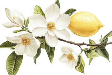 White flowers and a lemon on a branch with green leaves still life art on transparent background png