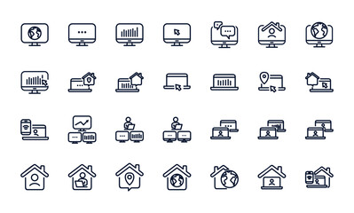 Remote Work Line Icons . Freelancer Work from Home, Video Call, Online Meeting, Teleconference Vector Set
