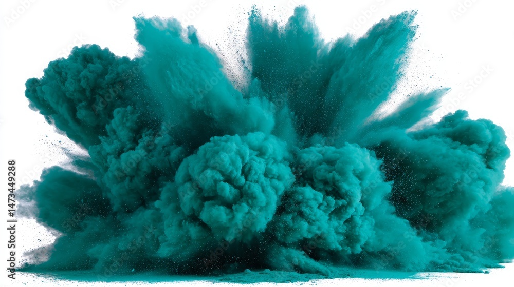 Poster A burst of teal powder dramatically explodes on a white backdrop, creating a striking visual effect perfect for modern industrial and festival design concepts