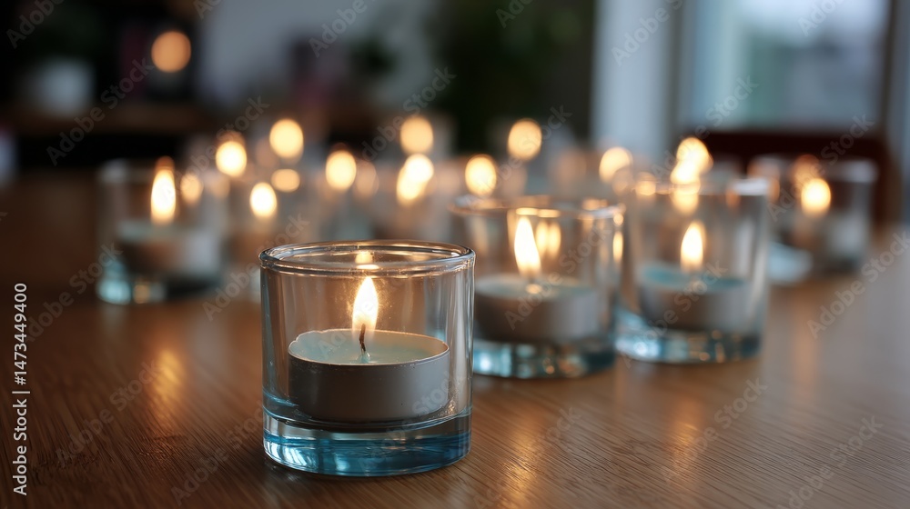 Poster a cluster of scented tealight candles glows softly in the dim light, creating a tranquil atmosphere,