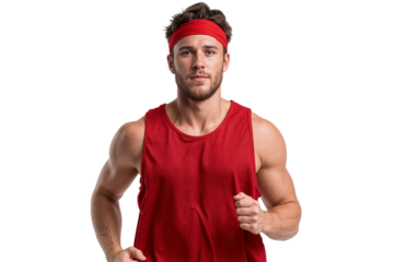 Fit male athlete running in red sportwear, jogging happily, isolated on transparent background