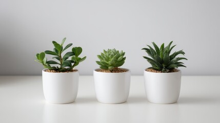 Obraz premium Close-up shot features a collection of vibrant cacti in minimalist ceramic pots, arranged on a clean surface for a fresh botanical look