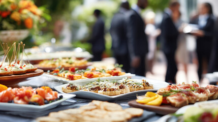 Lavish buffet spread of appetizers at an outdoor corporate event