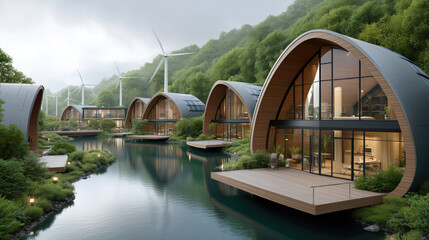 Obraz premium Eco-friendly, curved homes nestled by a tranquil lake, surrounded by lush greenery and wind turbines