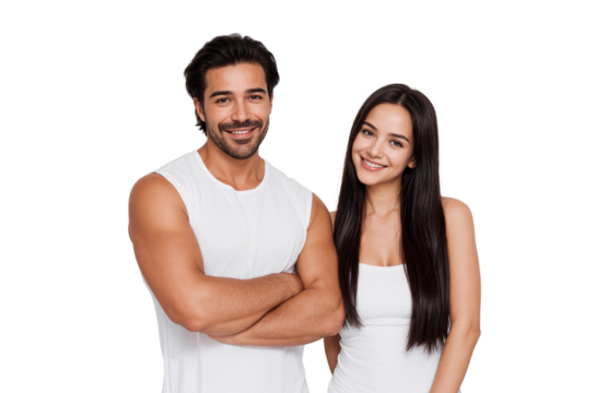 Portrait of a smiling couple dressed in white, isolated on transparent background