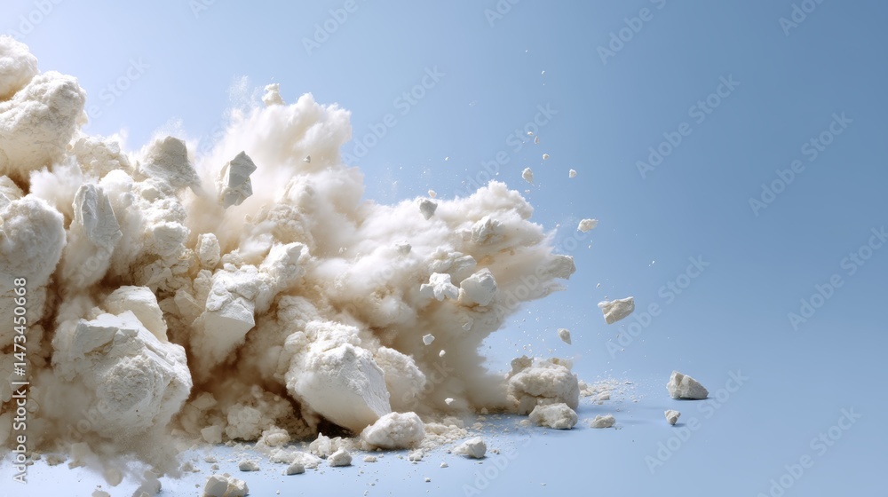 Poster high-speed white foam erupts in mid-air, creating a dynamic spray of suspended particles, captured i