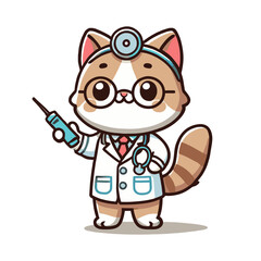 Adorable Cartoon Cat Doctor Holding Syringe Wearing Stethoscope And Medical Coat