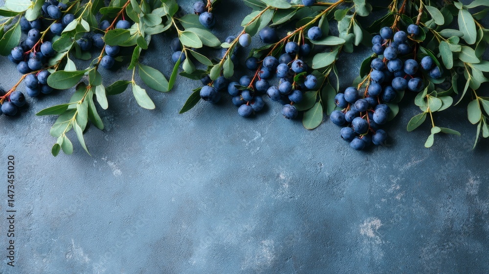 Poster ripe blueberries and fresh green leaves are artistically arranged along the edges of a blue tabletop