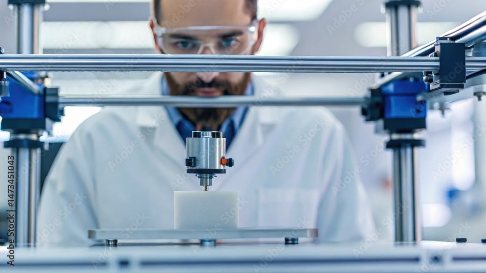Poster a focused scientist operates a precision machine in a modern laboratory, showcasing advanced technol