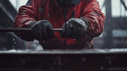 Worker in Red Jacket Handling Metal Rod in Wet Conditions