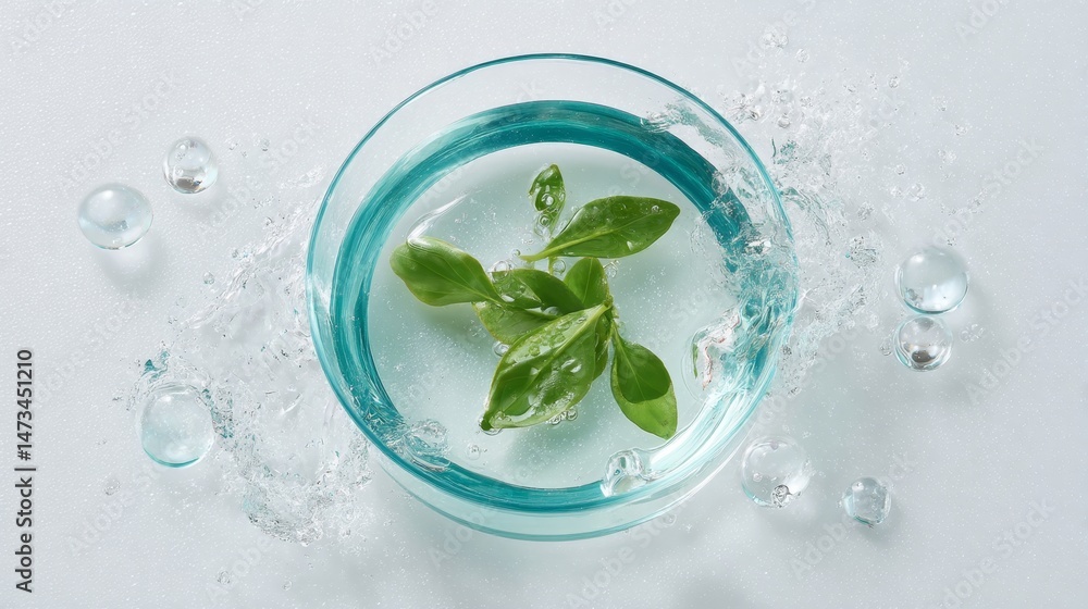 Poster a delicate green leaf floats in a petri dish filled with water droplets, creating a serene compositi
