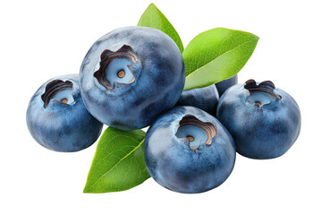 A close up of several blueberries with green leaves on a dark backdrop on transparent background png
