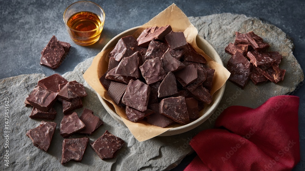 Aufkleber Dark artisan chocolate pieces are neatly stacked on parchment paper placed on a textured stone surface, creating a refined and inviting display