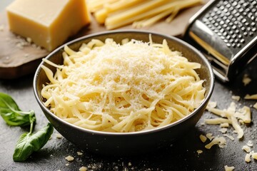 Grated cheese and uncooked pasta prepared in a bowl ready for cooking in the kitchen, Freshly grated cheese and uncooked pasta in bowl with grater