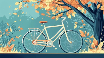 Fototapeta premium A stylish bicycle in a tranquil autumn setting with colorful foliage.