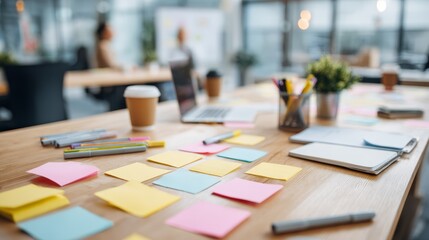 Colorful index cards and markers are arranged on a wooden table in a collaborative workspace, creating an inspiring setting for team brainstorming activities