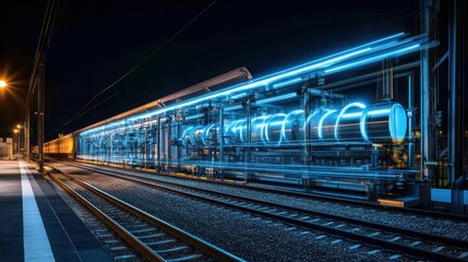 Futuristic train carrying large pipes at night