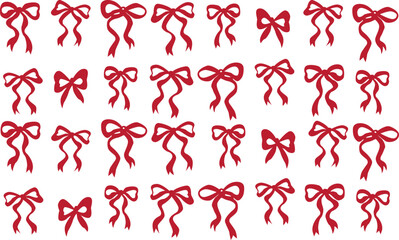 Bow ribbon pattern seamless. Vector print with white and red Christmas background. Cute crayon bows. Simple charcoal small trendy ribbon for Birthday, Christmas, Halloween. Basic doodle knot pattern