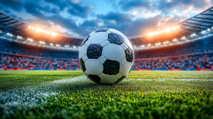 Naklejka premium Soccer ball is suspended in the air above a crowded stadium, illuminated by dramatic lighting
