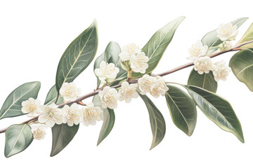 Branch with white blossoms and green leaves on a light filled background on transparent background png