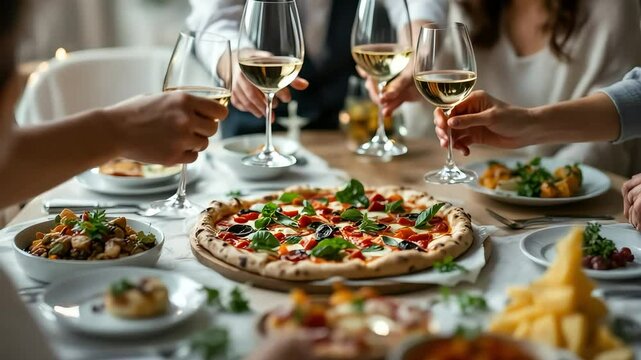 Gathering of friends enjoying pizza wine and delicious food during dinner