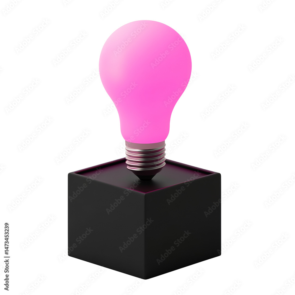 Poster stylized pink lightbulb on a black cube, illuminating innovation and concepts