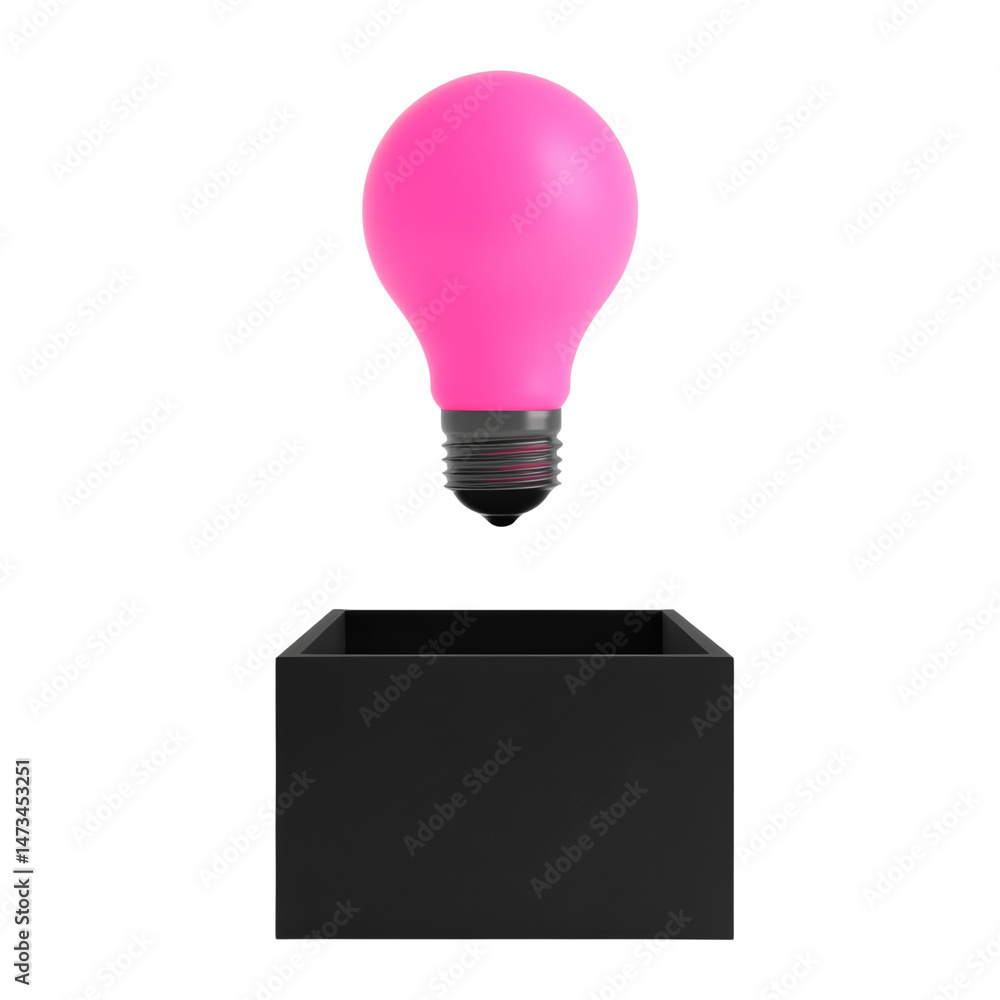 Poster concept of innovation: pink light bulb above a black container ready to use