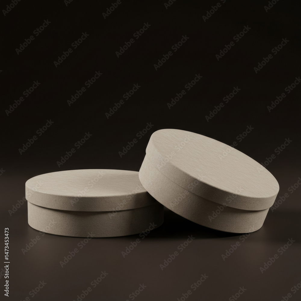 Poster beige round gift boxes arranged on a dark surface. empty presentation boxes for product display.