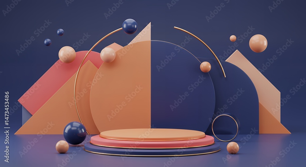 Poster 3D rendering of a minimalist geometric stage with floating spheres and abstract shapes in a vibrant and modern design with a dark blue background