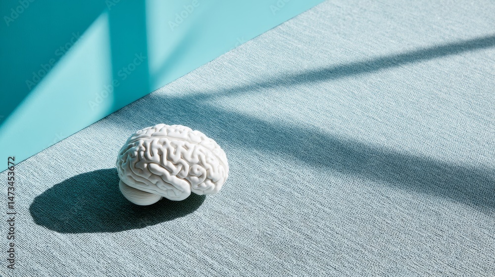 Poster a white printed brain model rests on a textured teal cushion against a minimal background with open 