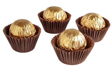 Four golden wrapped chocolates in brown paper cups on a dark backdrop on transparent background png