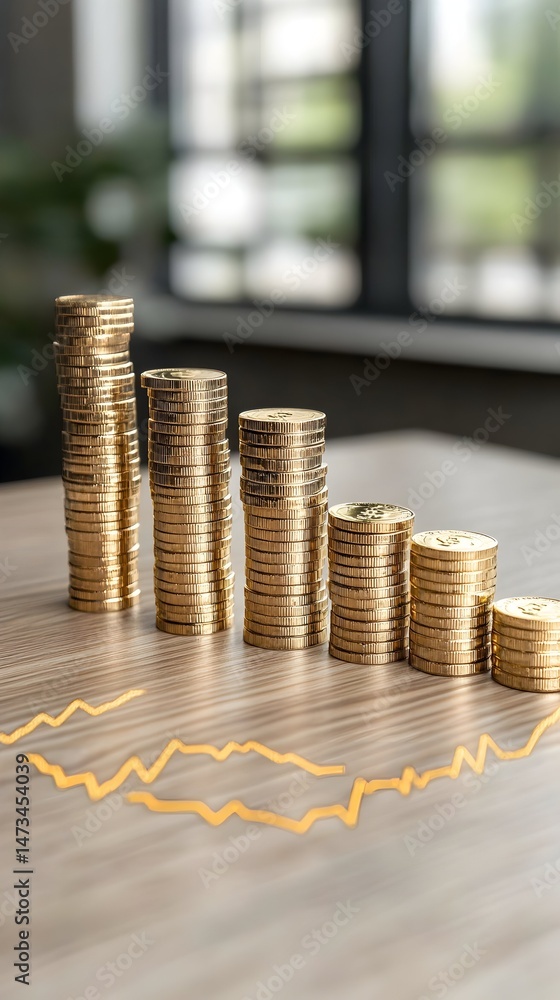 Poster a decreasing stack of gold coins on a wooden table with a yellow line chart drawn on it