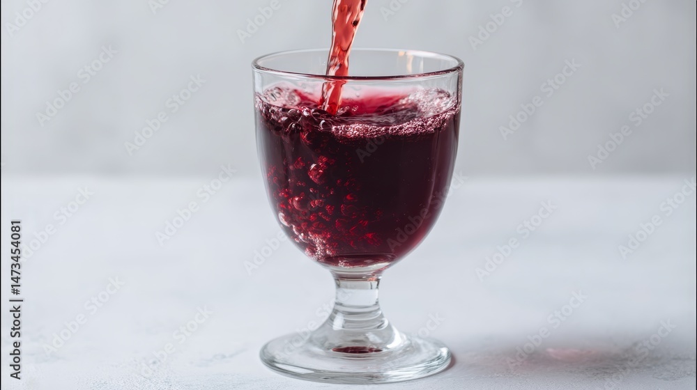 Poster deep red wine is elegantly poured into a clear glass, creating a beautiful splash mid-air against a 