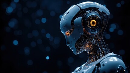 Side profile of a futuristic humanoid robot with glowing eyes and intricate mechanical details
