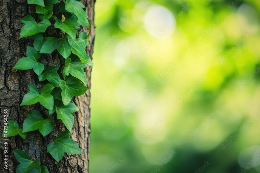 Poster closeup view of textured tree trunk with vibrant green ivy leaves against a softly blurred backgroun