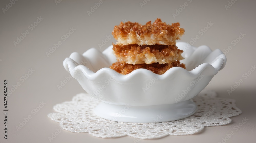 Aufkleber Four golden pastries with flaky layers are elegantly displayed on a small round white dish, set against a simple backdrop with ample copy space for text