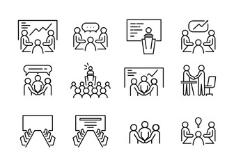 Business Teamwork Line Icons. Meeting, Presentation, Collaboration, Discussion, Brainstorming, Corporate Communication Vector Set