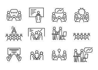 Business Teamwork Line Icons. Meeting, Presentation, Collaboration, Discussion, Brainstorming, Corporate Communication Vector Set