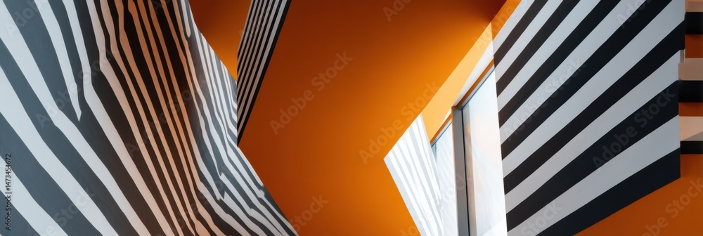 Poster diagonal stripes create a dynamic atmosphere with a price tag burst design in an orange-themed room