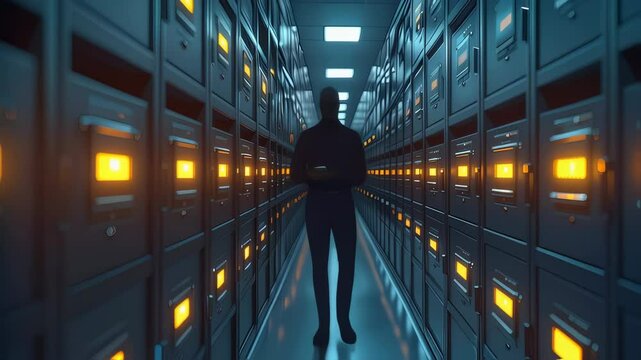 Dark Blue Server Room With Glowing Orange Lights