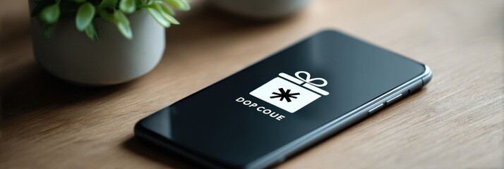 Discount Coupon Code Box Displayed on Smartphone Screen on Wooden Table With Green Plant Nearby