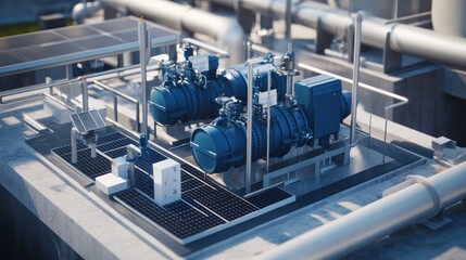 Industrial rooftop equipment, featuring  piping, pumps, and solar panels