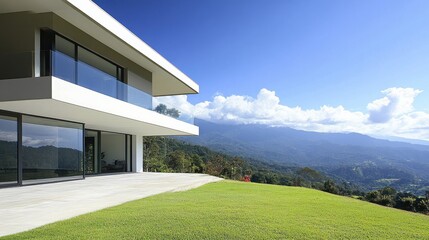 Modern minimalist house with stunning mountain view and clear blue sky in serene landscape