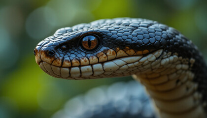 Obraz premium Close-up of Black Snake Head with Striking Copper Eyes and Scales