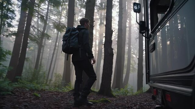 Hiker stepping out of camper van into misty forest at dawn