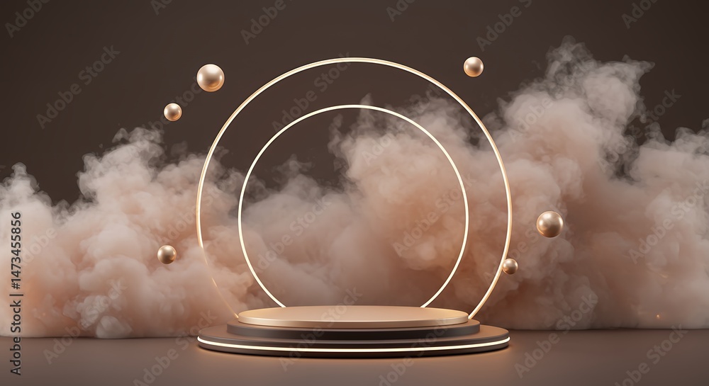 Poster elegant 3d render of a golden podium with floating spheres and soft beige smoke, perfect for product
