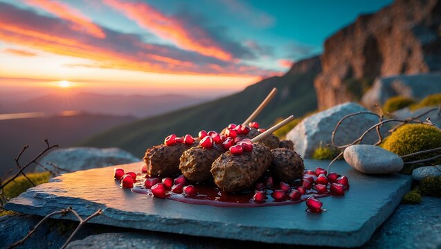 Meatball on Skewers with Pomegranate Seeds at Sunset