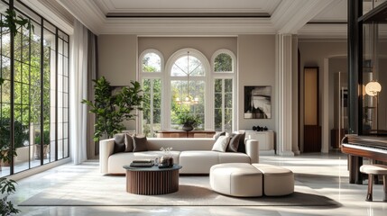 Fototapeta premium Luxurious, spacious living room with large windows overlooking a garden